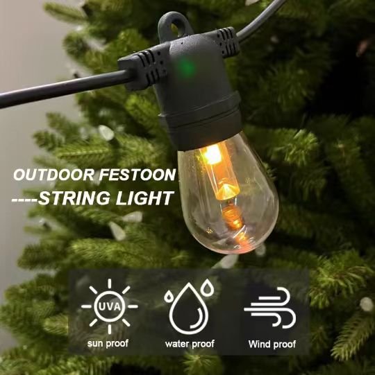 ShineU S14 waterproof outdoor decorative string light on evergreen, showing UV, water, wind protection icons