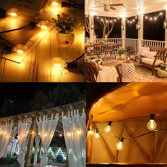 Warm white patio and pergola string lights creating ambient garden lighting scenes